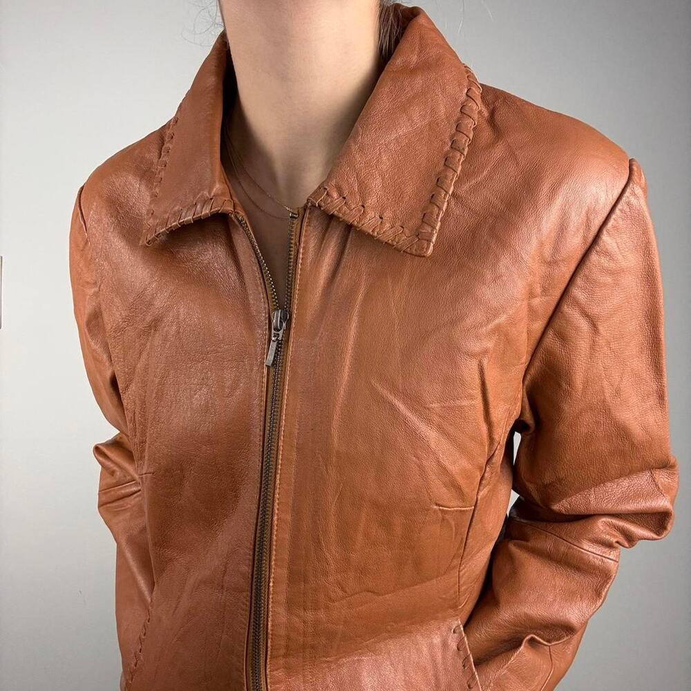 Brown Leather Jacket Collared Western Detailing E… - image 2